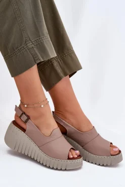 Sale Artiker Sandały Damskie Z Naturalnej Skóry Na Koturnie 54C0788 Ciemnobeżowe Beżowy