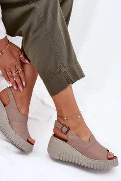 Sale Artiker Sandały Damskie Z Naturalnej Skóry Na Koturnie 54C0788 Ciemnobeżowe Beżowy