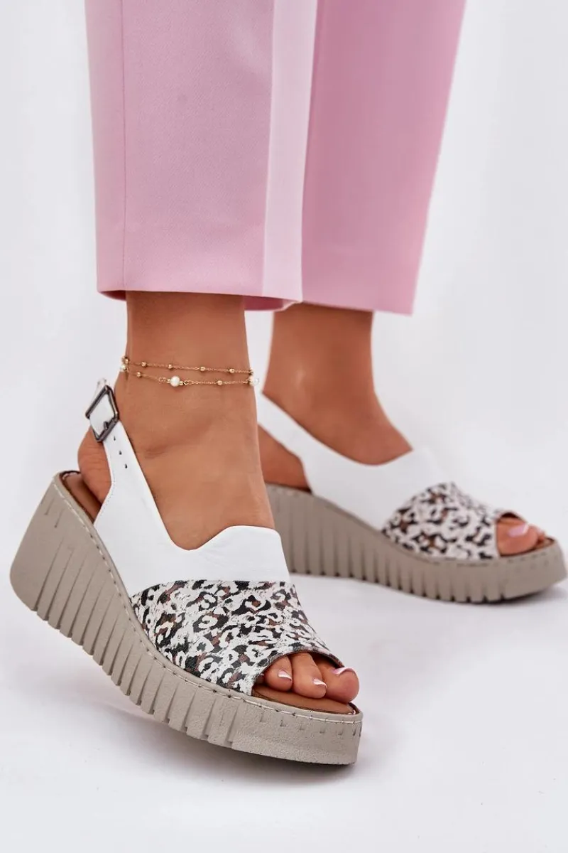 Sandały Damskie Z Naturalnej Skóry Na Koturnie 56C0958 Białe Damskie Sandały Na Koturnie