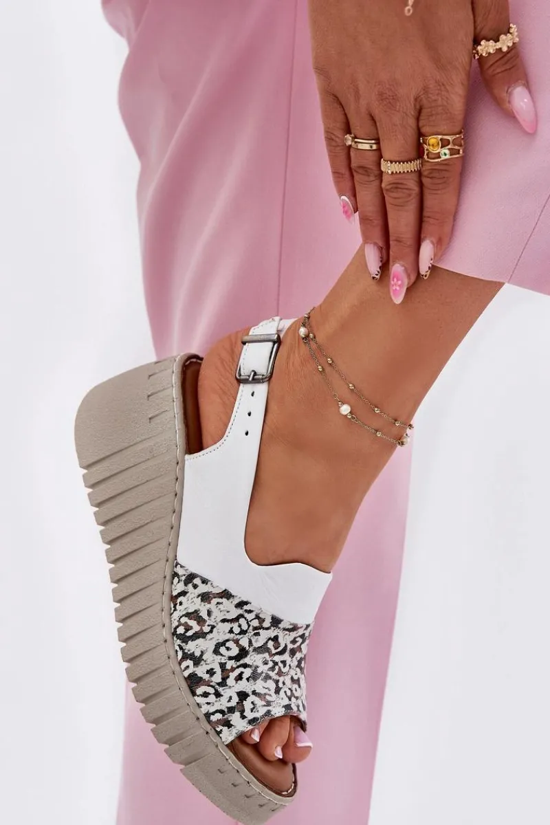 Sandały Damskie Z Naturalnej Skóry Na Koturnie 56C0958 Białe Damskie Sandały Na Koturnie