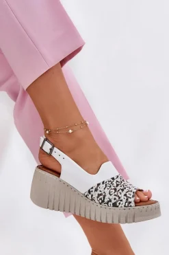 Sandały Damskie Z Naturalnej Skóry Na Koturnie 56C0958 Białe Damskie Sandały Na Koturnie