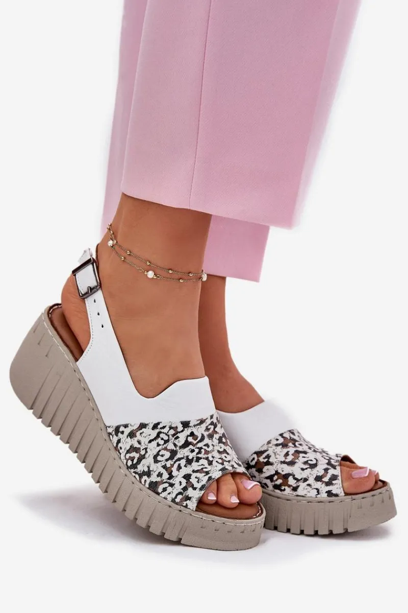 Sandały Damskie Z Naturalnej Skóry Na Koturnie 56C0958 Białe Damskie Sandały Na Koturnie