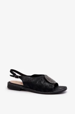 Best Sandały Damskie Z Ozdobą Na Płaskim Obcasie S.Barski KV24-057 Czarne Damskie Sandały Płaskie