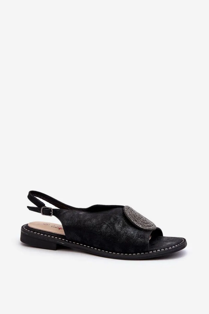 Best Sandały Damskie Z Ozdobą Na Płaskim Obcasie S.Barski KV24-057 Czarne Damskie Sandały Płaskie