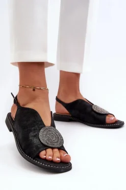 Best Sandały Damskie Z Ozdobą Na Płaskim Obcasie S.Barski KV24-057 Czarne Damskie Sandały Płaskie