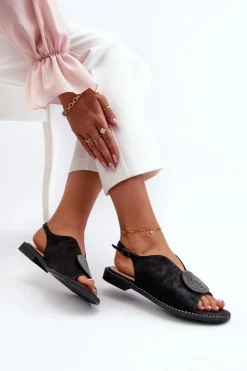 Best Sandały Damskie Z Ozdobą Na Płaskim Obcasie S.Barski KV24-057 Czarne Damskie Sandały Płaskie