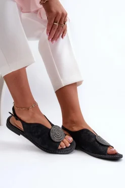 Best Sandały Damskie Z Ozdobą Na Płaskim Obcasie S.Barski KV24-057 Czarne Damskie Sandały Płaskie