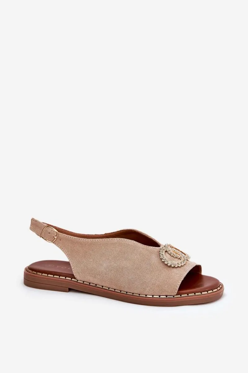 Sandały Płaskie>Boto Sandały Damskie Z Ozdobą Na Płaskim Obcasie Eko Zamszowe Beżowe Ralisses Beżowy