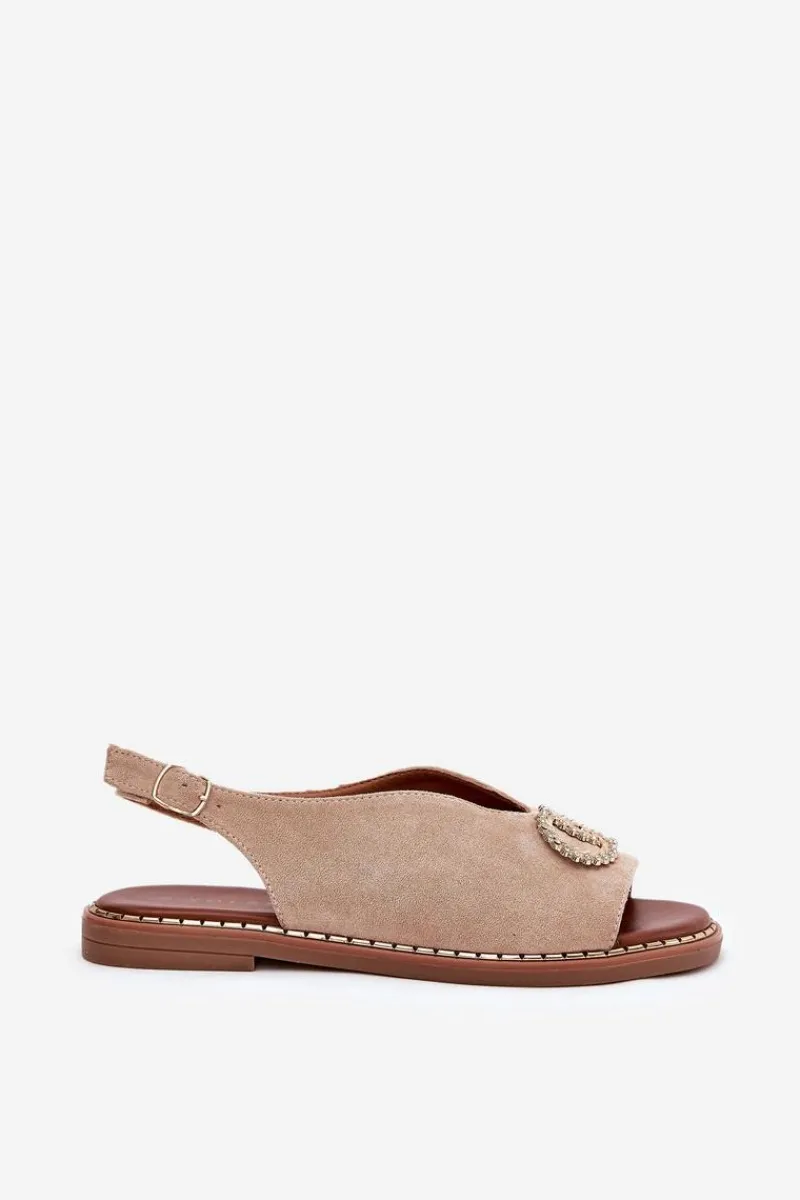 Sandały Płaskie>Boto Sandały Damskie Z Ozdobą Na Płaskim Obcasie Eko Zamszowe Beżowe Ralisses Beżowy