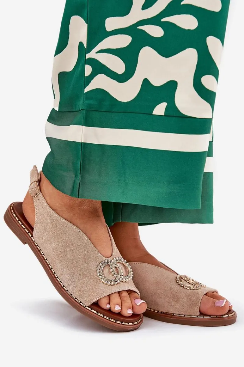 Sandały Płaskie>Boto Sandały Damskie Z Ozdobą Na Płaskim Obcasie Eko Zamszowe Beżowe Ralisses Beżowy