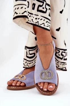 Online Boto Sandały Damskie Z Ozdobą Na Płaskim Obcasie Eko Zamszowe e Ralisses Niebieski