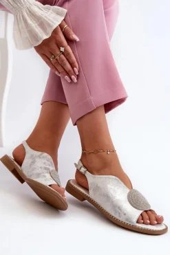 Best Damskie buty S.Barski Sandały Damskie Z Ozdobą Na Płaskim Obcasie S.Barski KV24-057 Srebrne