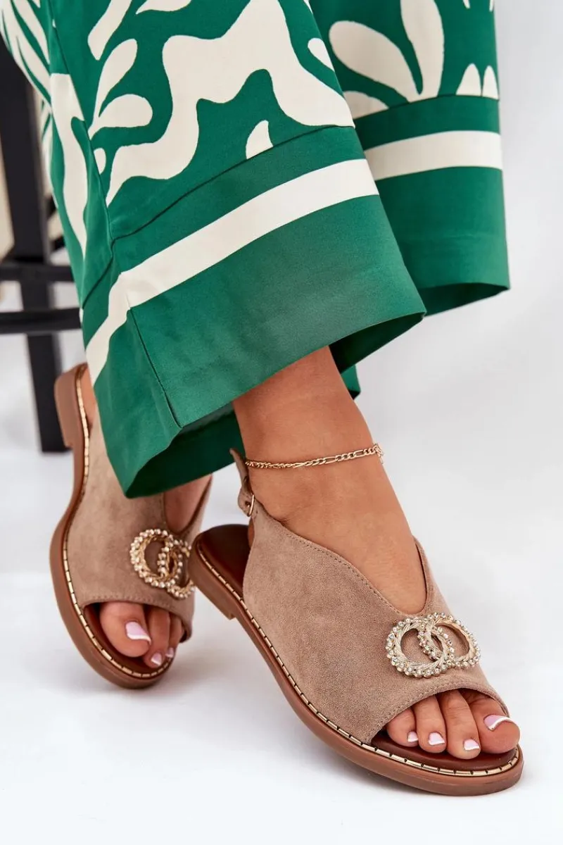 Sandały Płaskie>Boto Sandały Damskie Z Ozdobą Na Płaskim Obcasie Eko Zamszowe Ciemnobeżowe Ralisses Beżowy