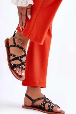 Best Sandały Damskie Z Ozdobami Czarne Alemona Damskie Sandały Płaskie