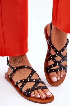 Best Sandały Damskie Z Ozdobami Czarne Alemona Damskie Sandały Płaskie