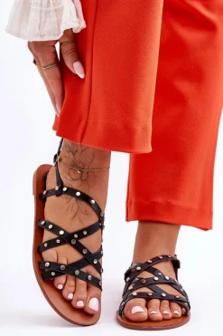 Best Sandały Damskie Z Ozdobami Czarne Alemona Damskie Sandały Płaskie