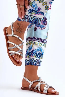 Best Sandały Damskie z Ozdobami Srebrne Alemona Damskie Sandały Płaskie