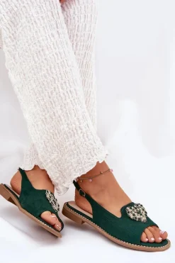 Sandały Damskie Z Ozdobnym Sercem S.Barski KV27-018 Zielone Damskie Sandały Płaskie