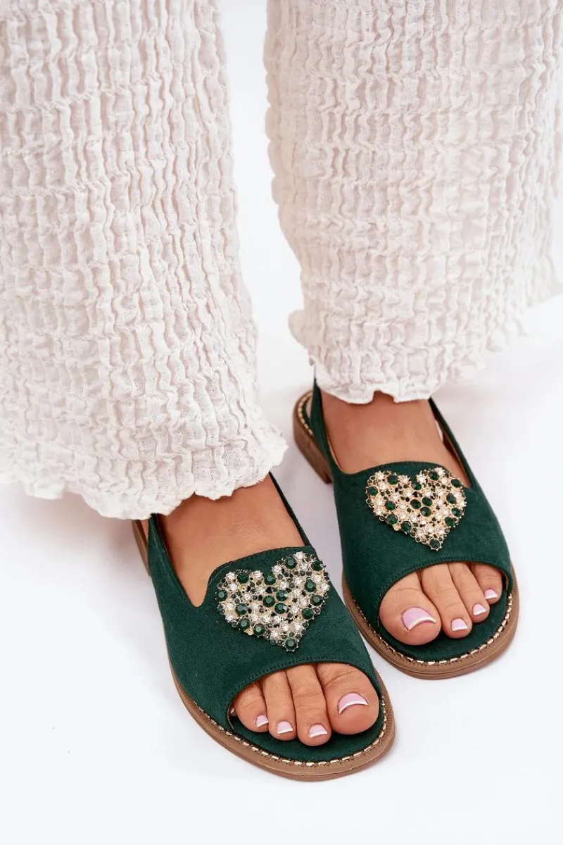 Sandały Damskie Z Ozdobnym Sercem S.Barski KV27-018 Zielone Damskie Sandały Płaskie