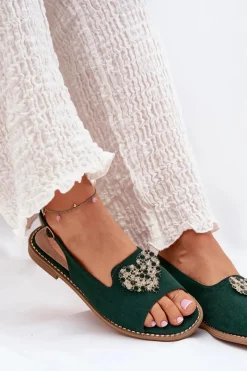 Sandały Damskie Z Ozdobnym Sercem S.Barski KV27-018 Zielone Damskie Sandały Płaskie