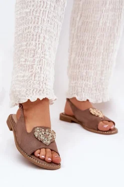 New Sandały Damskie Z Ozdobnym Sercem S.Barski KV27-018 Ciemnobeżowe Damskie Sandały Płaskie