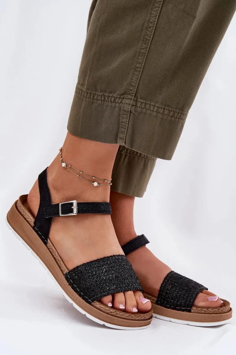 Online Sandały Damskie Z Plecionką Na Pasku GS000050 Czarne Damskie Sandały Na Koturnie|Sandały Płaskie