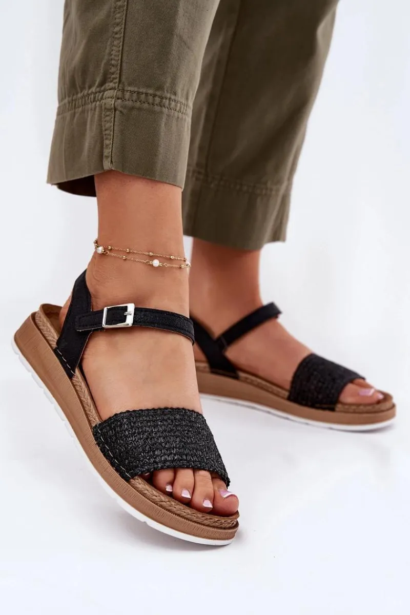 Online Sandały Damskie Z Plecionką Na Pasku GS000050 Czarne Damskie Sandały Na Koturnie|Sandały Płaskie