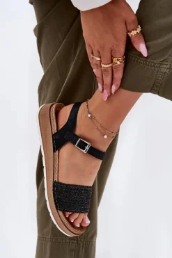 Online Sandały Damskie Z Plecionką Na Pasku GS000050 Czarne Damskie Sandały Na Koturnie|Sandały Płaskie