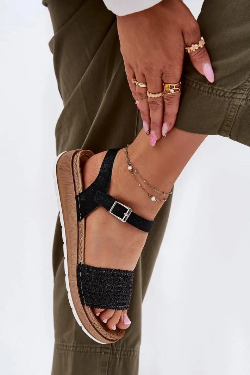 Online Sandały Damskie Z Plecionką Na Pasku GS000050 Czarne Damskie Sandały Na Koturnie|Sandały Płaskie