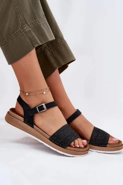 Online Sandały Damskie Z Plecionką Na Pasku GS000050 Czarne Damskie Sandały Na Koturnie|Sandały Płaskie