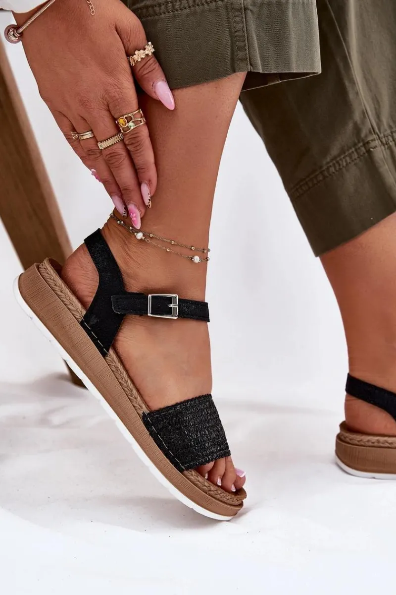 Online Sandały Damskie Z Plecionką Na Pasku GS000050 Czarne Damskie Sandały Na Koturnie|Sandały Płaskie