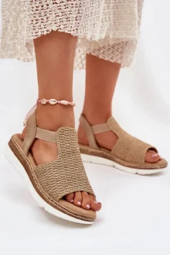 New Evento Sandały Damskie Z Plecionką Beżowo-Złote Jelana