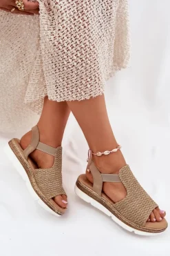 New Evento Sandały Damskie Z Plecionką Beżowo-Złote Jelana