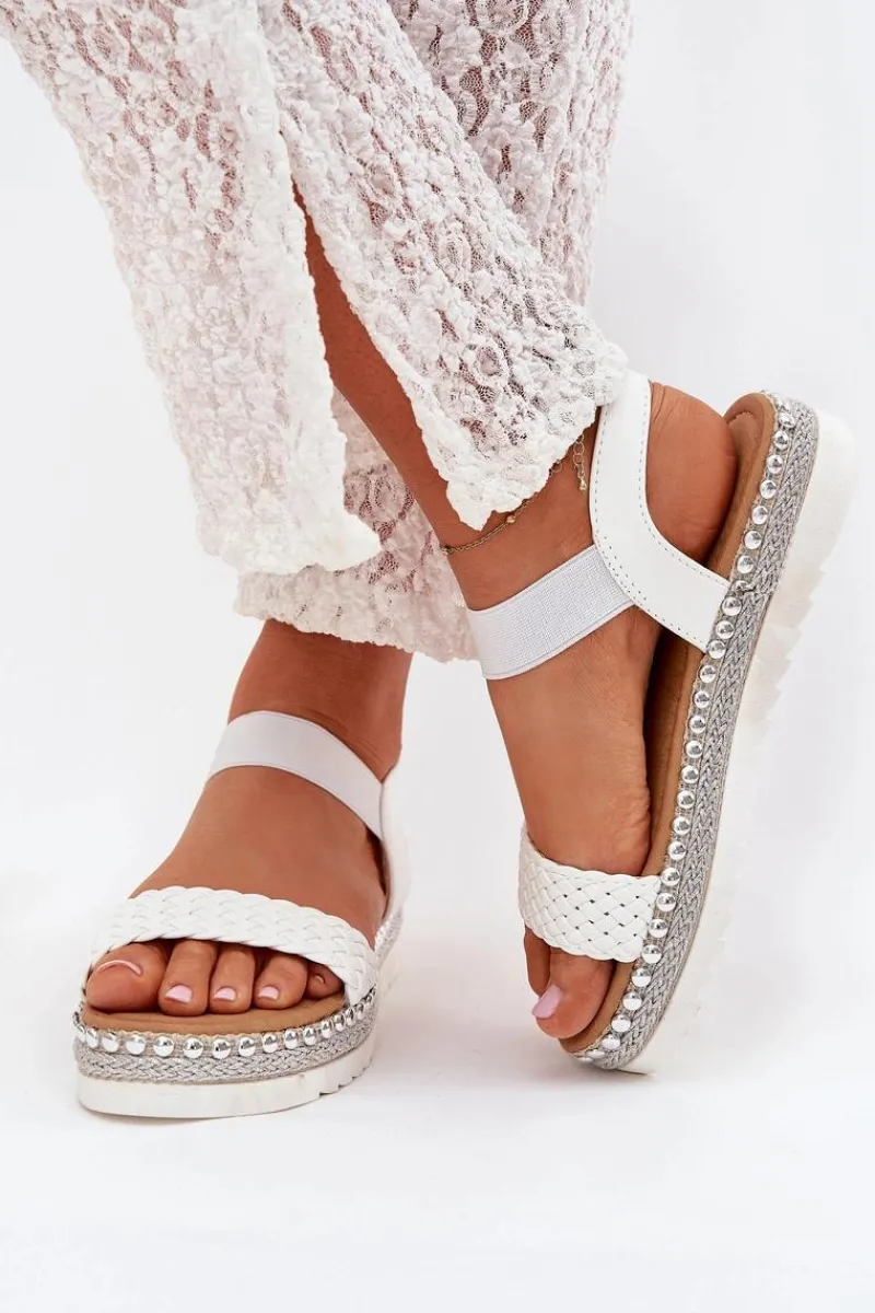 Hot Sandały Damskie Z Plecionką Na Zdobionej Platformie Białe Velara Damskie Sandały Płaskie