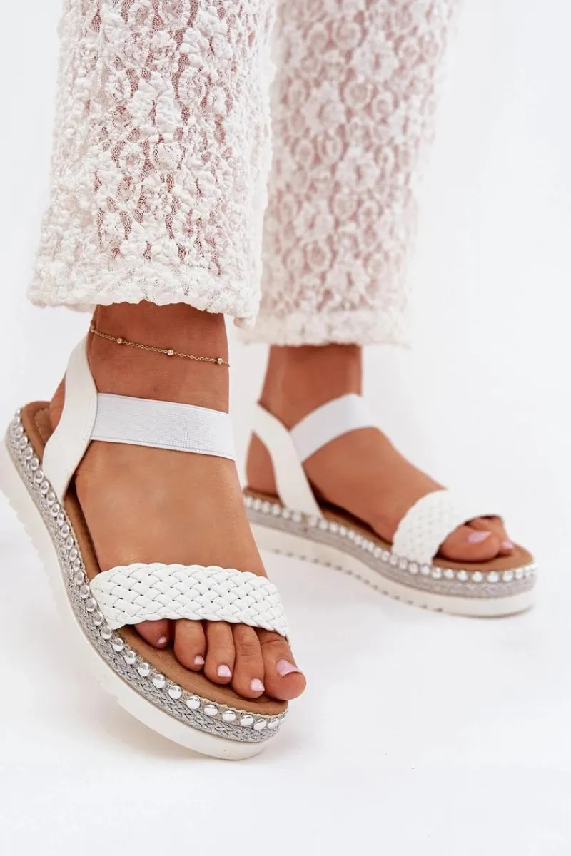 Hot Sandały Damskie Z Plecionką Na Zdobionej Platformie Białe Velara Damskie Sandały Płaskie
