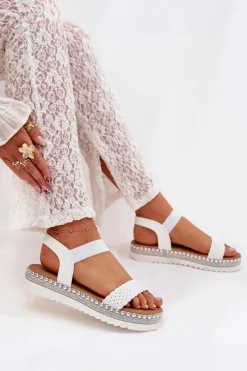 Hot Sandały Damskie Z Plecionką Na Zdobionej Platformie Białe Velara Damskie Sandały Płaskie