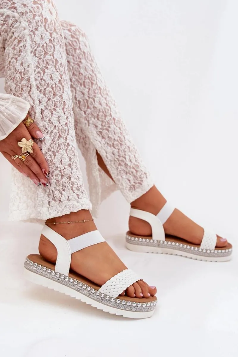 Hot Sandały Damskie Z Plecionką Na Zdobionej Platformie Białe Velara Damskie Sandały Płaskie