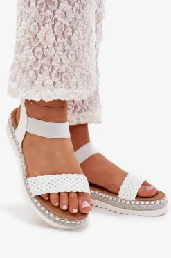 Hot Sandały Damskie Z Plecionką Na Zdobionej Platformie Białe Velara Damskie Sandały Płaskie