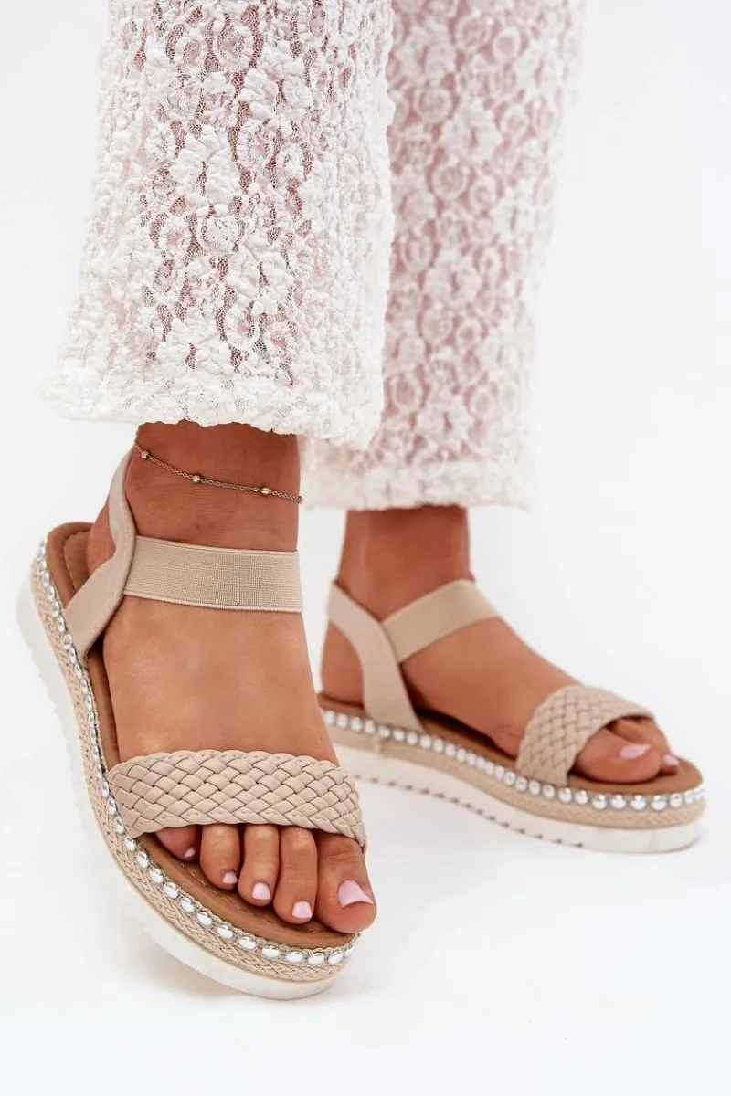 Sandały Płaskie>Boto Sandały Damskie Z Plecionką Na Zdobionej Platformie Beżowe Velara