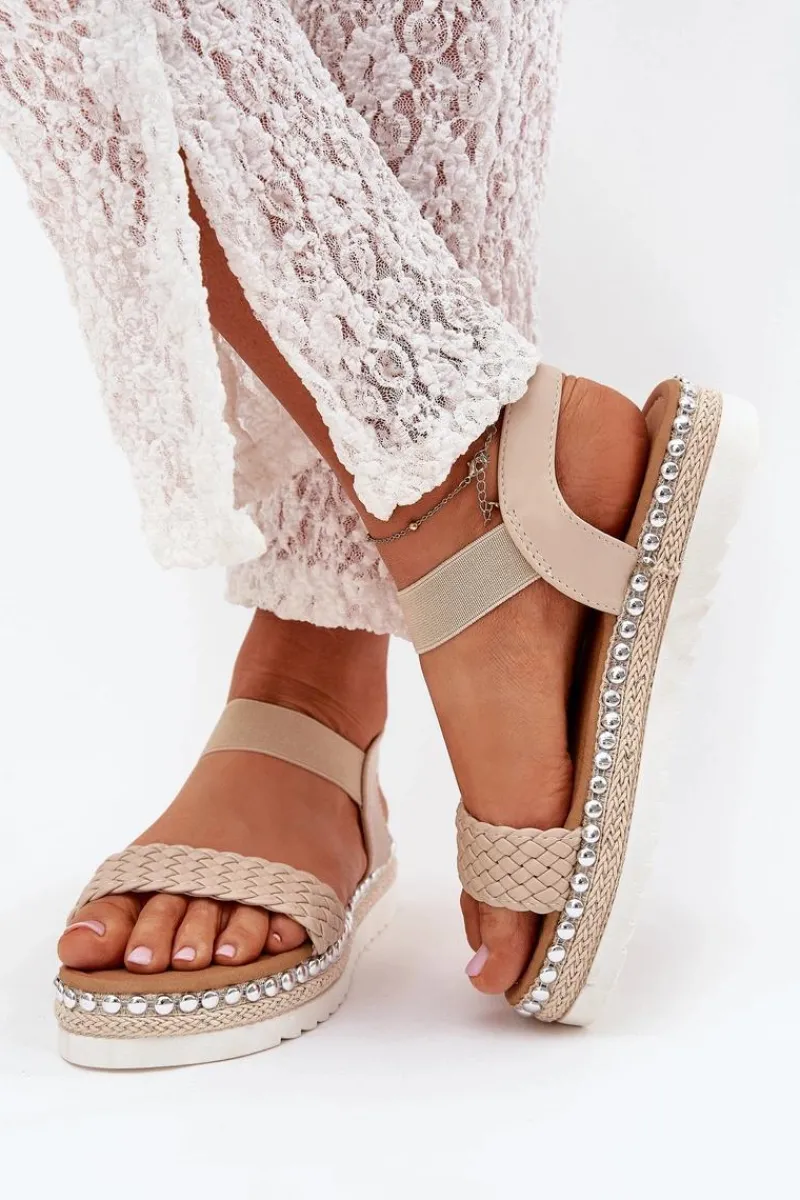 Sandały Płaskie>Boto Sandały Damskie Z Plecionką Na Zdobionej Platformie Beżowe Velara