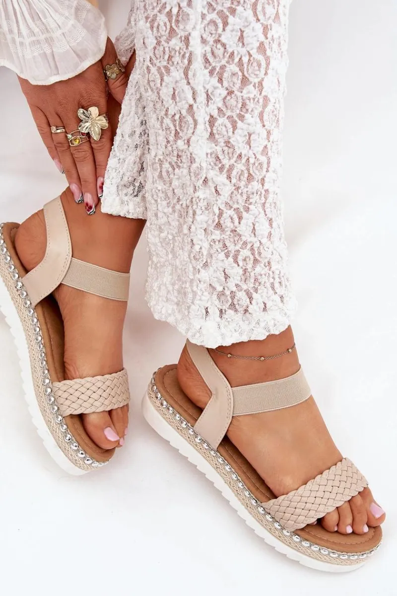 Sandały Płaskie>Boto Sandały Damskie Z Plecionką Na Zdobionej Platformie Beżowe Velara