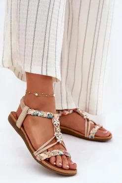 Clearance Sandały Damskie Z Przypinkami I Plecionymi Paskami Beżowe Nusoreth Damskie Sandały Płaskie