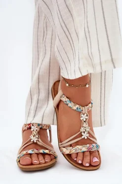 Clearance Sandały Damskie Z Przypinkami I Plecionymi Paskami Beżowe Nusoreth Damskie Sandały Płaskie