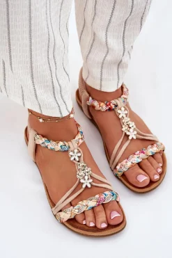 Clearance Sandały Damskie Z Przypinkami I Plecionymi Paskami Beżowe Nusoreth Damskie Sandały Płaskie