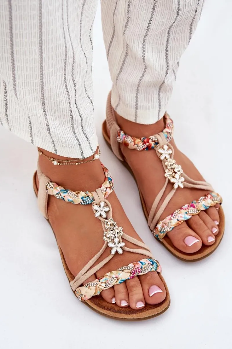 Clearance Sandały Damskie Z Przypinkami I Plecionymi Paskami Beżowe Nusoreth Damskie Sandały Płaskie