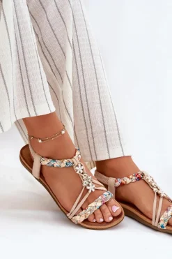 Clearance Sandały Damskie Z Przypinkami I Plecionymi Paskami Beżowe Nusoreth Damskie Sandały Płaskie