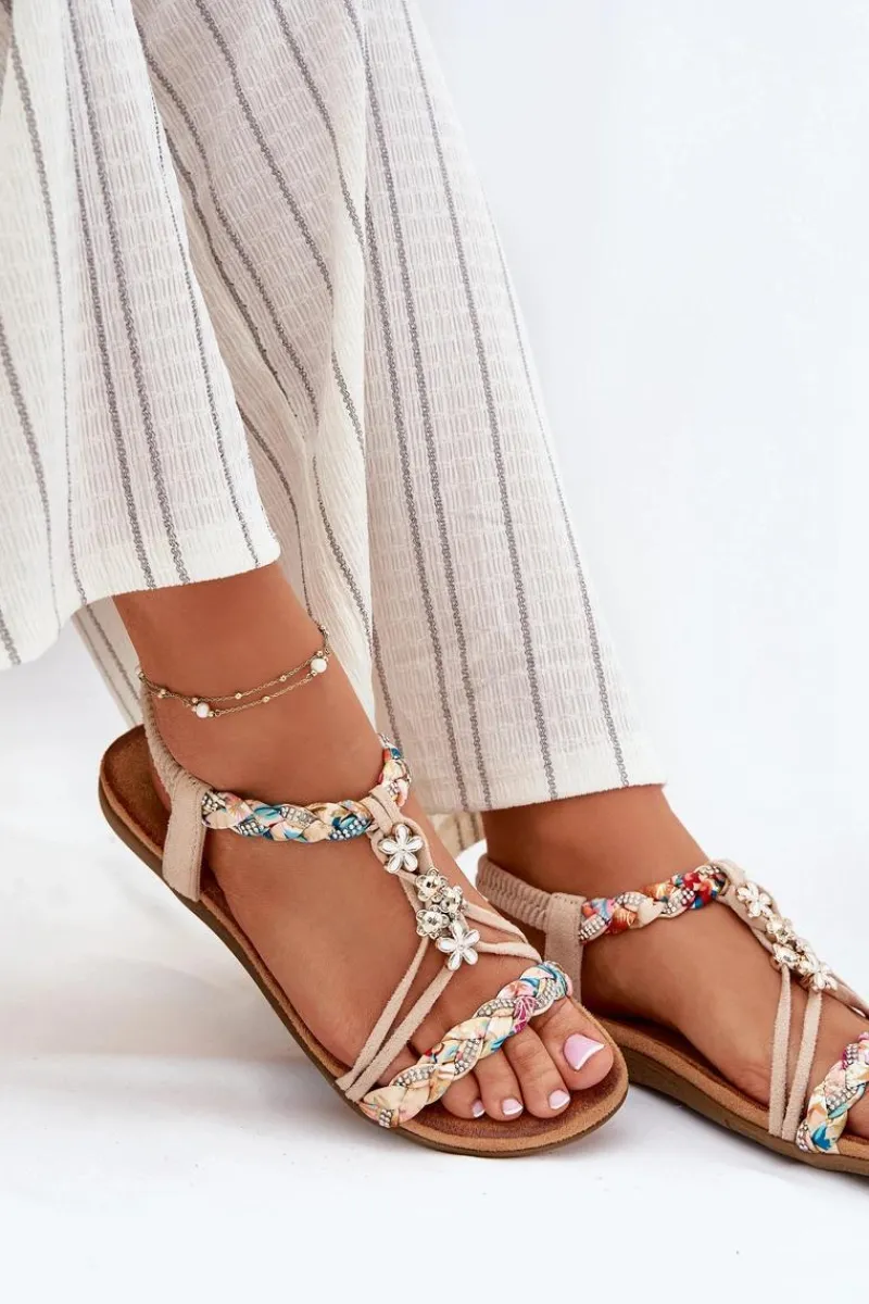 Clearance Sandały Damskie Z Przypinkami I Plecionymi Paskami Beżowe Nusoreth Damskie Sandały Płaskie