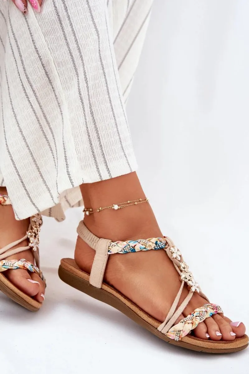 Clearance Sandały Damskie Z Przypinkami I Plecionymi Paskami Beżowe Nusoreth Damskie Sandały Płaskie