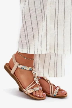 Clearance Sandały Damskie Z Przypinkami I Plecionymi Paskami Beżowe Nusoreth Damskie Sandały Płaskie