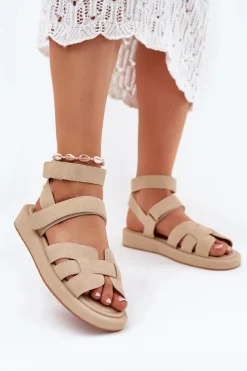 Hot Boto Sandały Damskie Z Rzepami Beżowe Uvissa Beżowy